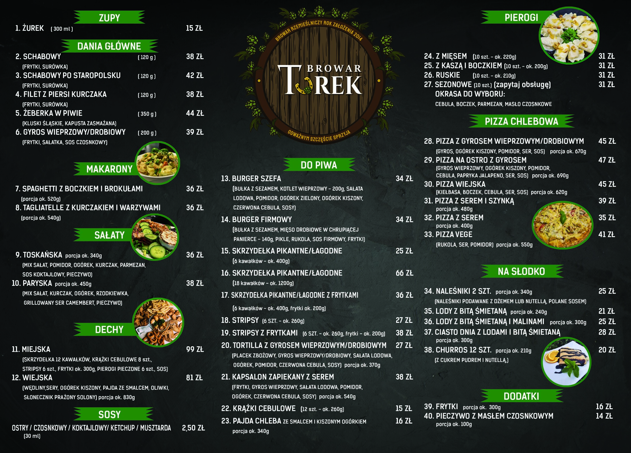 Pełne menu kuchni Browaru Turek — dania i przekąski