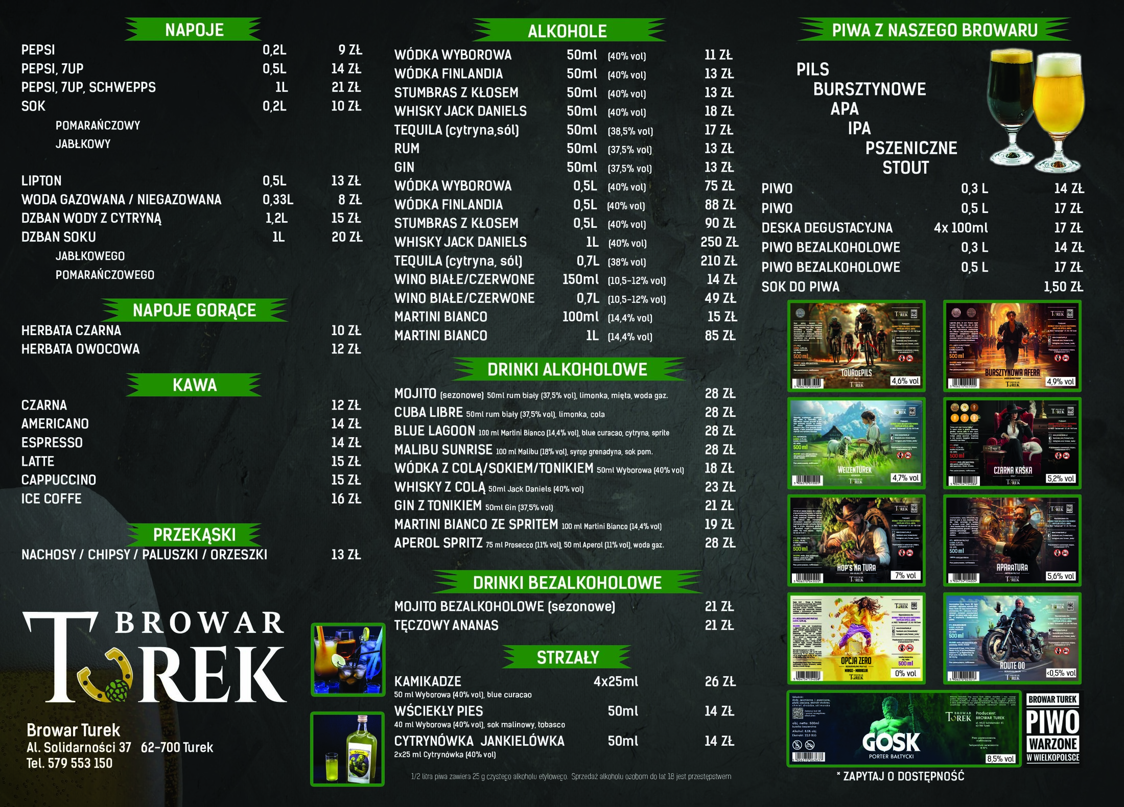 Menu napojów, alkoholi i piw z własnego browaru