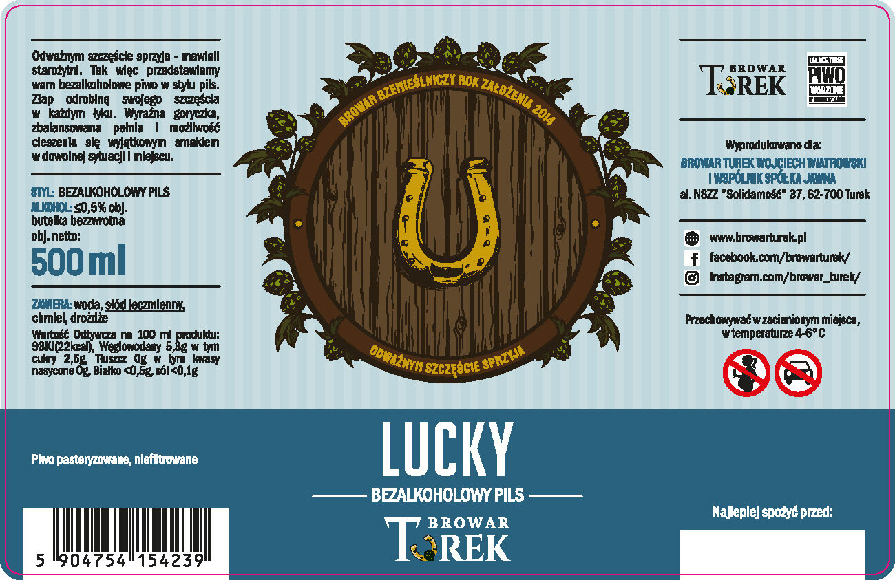 Etykieta piwa Lucky — bezalkoholowy pils